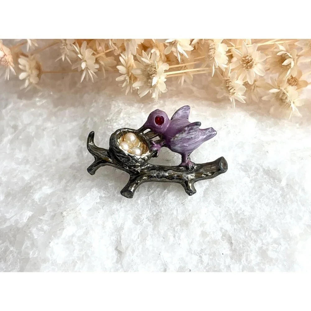 Lavender Perched Bird Figural on Branch with Eggs Costume Jewelry Brooch